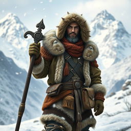 A rugged male fantasy adventurer dressed in luxurious winter clothing, featuring layered furs and thick woolen garments, intricately designed for warmth and style