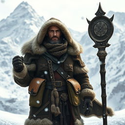 A rugged male fantasy adventurer dressed in luxurious winter clothing, featuring layered furs and thick woolen garments, intricately designed for warmth and style