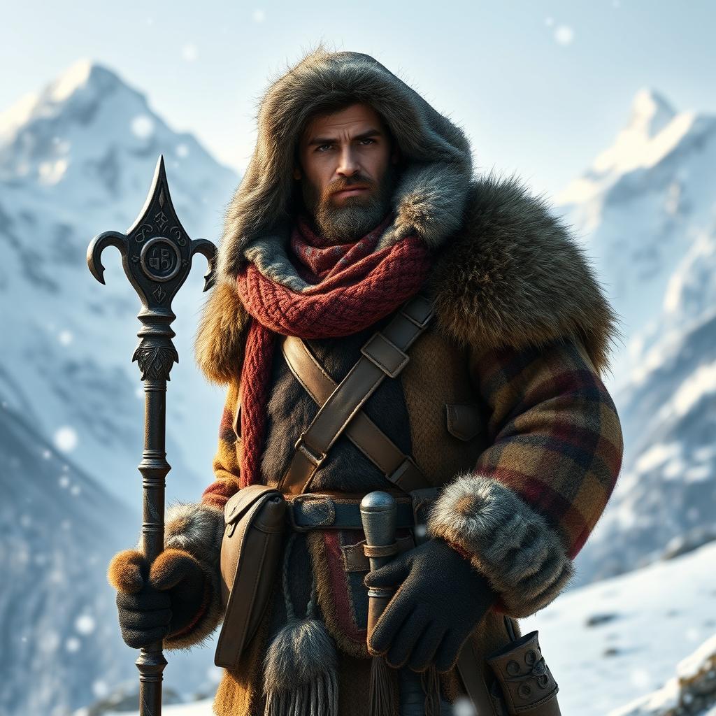 A rugged male fantasy adventurer dressed in luxurious winter clothing, featuring layered furs and thick woolen garments, intricately designed for warmth and style