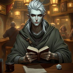A 30-year-old male Shadar-kai character, with a pale complexion and dark eyes