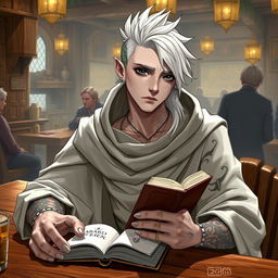 A 30-year-old male Shadar-kai character, with a pale complexion and dark eyes