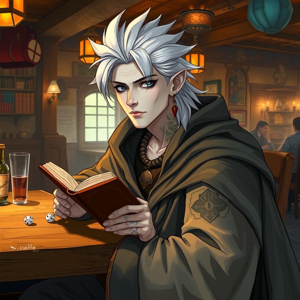 A 30-year-old male Shadar-kai character, with a pale complexion and dark eyes