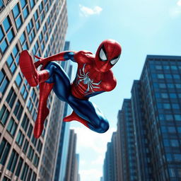 A dynamic superhero scene featuring Spiderman in an urban setting, swinging between skyscrapers