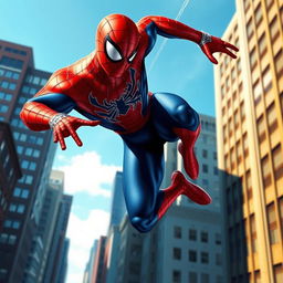 A dynamic superhero scene featuring Spiderman in an urban setting, swinging between skyscrapers