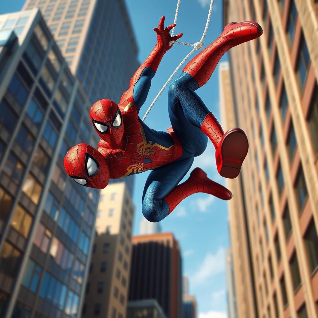 A dynamic superhero scene featuring Spiderman in an urban setting, swinging between skyscrapers