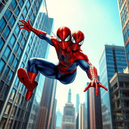 A dynamic superhero scene featuring Spiderman in an urban setting, swinging between skyscrapers