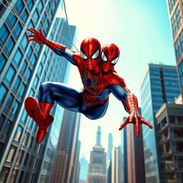 A dynamic superhero scene featuring Spiderman in an urban setting, swinging between skyscrapers