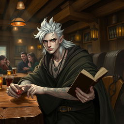 A 30-year-old male Shadar-kai character, characterized by his pale skin and dark eyes