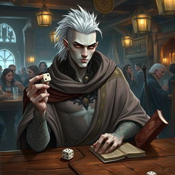A 30-year-old male Shadar-kai character, characterized by his pale skin and dark eyes