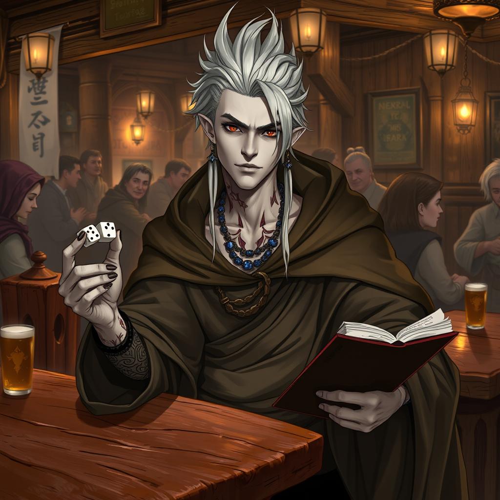 A 30-year-old male Shadar-kai character, characterized by his pale skin and dark eyes