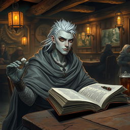 A 30-year-old male Shadar-kai character, characterized by his pale skin and dark eyes