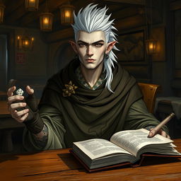 A 30-year-old male Shadar-kai character, characterized by his pale skin and dark eyes
