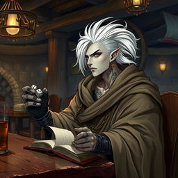 A 30-year-old male Shadar-kai character, characterized by his pale skin and dark eyes