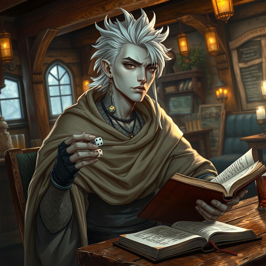 A 30-year-old male Shadar-kai character, characterized by his pale skin and dark eyes