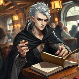 A 30-year-old male Shadar-kai character with pale skin and dark eyes