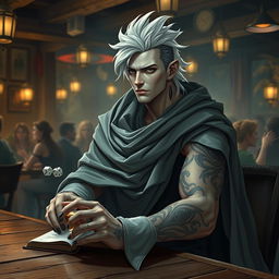 A 30-year-old male Shadar-kai character with pale skin and dark eyes