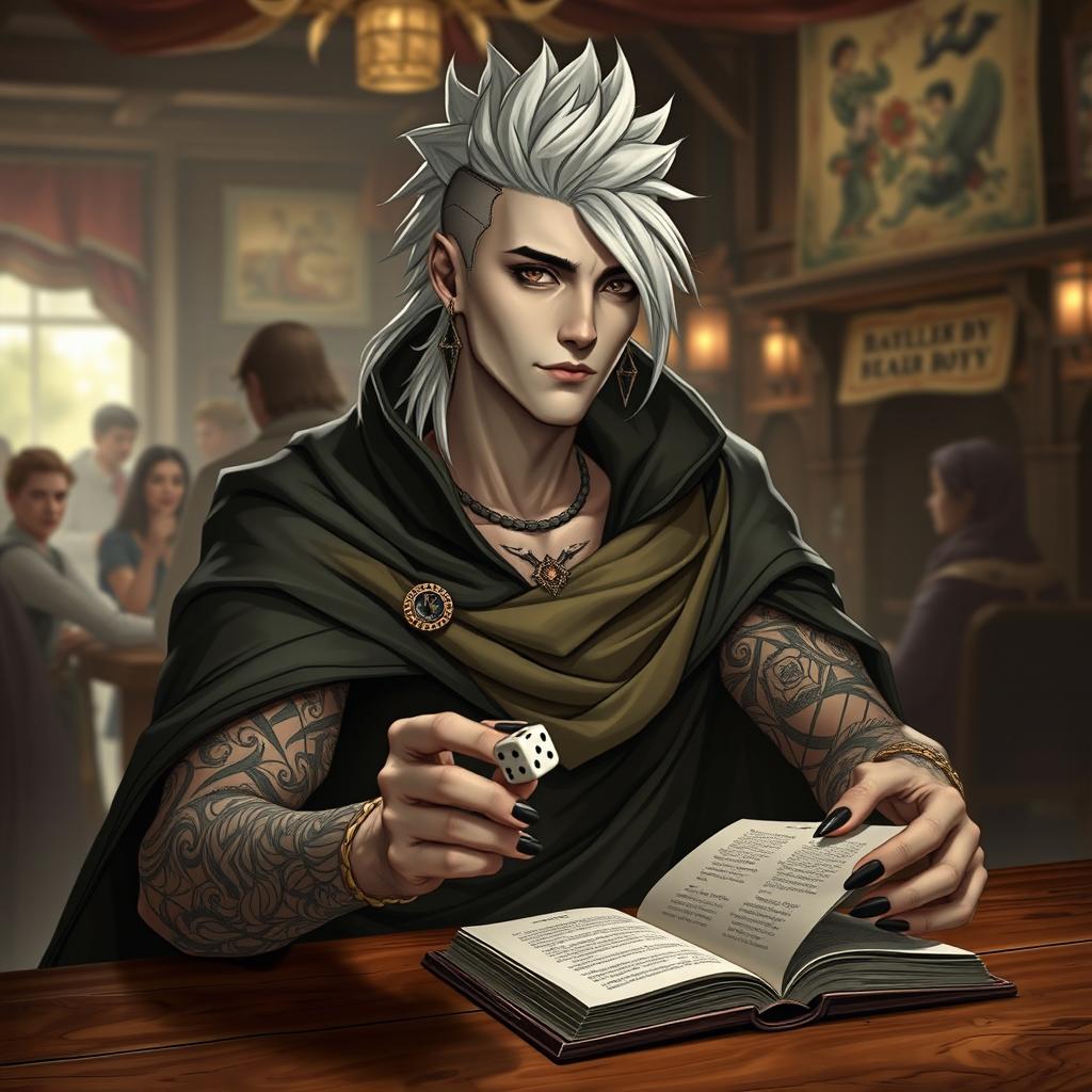 A 30-year-old male Shadar-kai character with pale skin and dark eyes