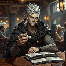 A 30-year-old male Shadar-kai character with pale skin and dark eyes