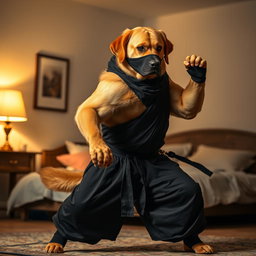 A golden Labrador retriever, male and anthropomorphic, depicted with a big, broad, and athletic build featuring very thick muscles