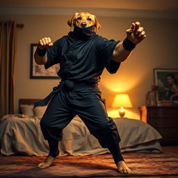 A golden Labrador retriever, male and anthropomorphic, depicted with a big, broad, and athletic build featuring very thick muscles