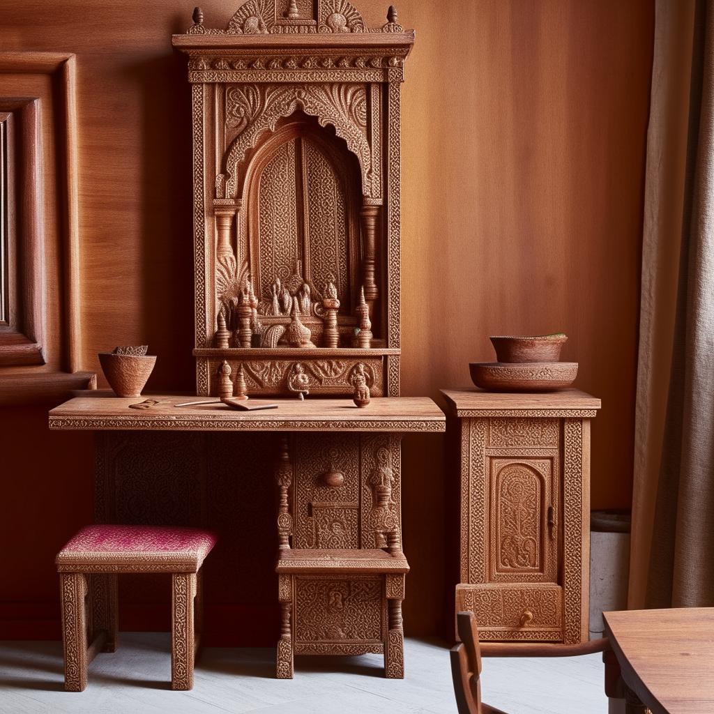 A traditional Pooja desk with intricate carvings, set alongside a matching wooden table and chair