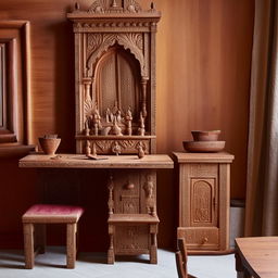 A traditional Pooja desk with intricate carvings, set alongside a matching wooden table and chair