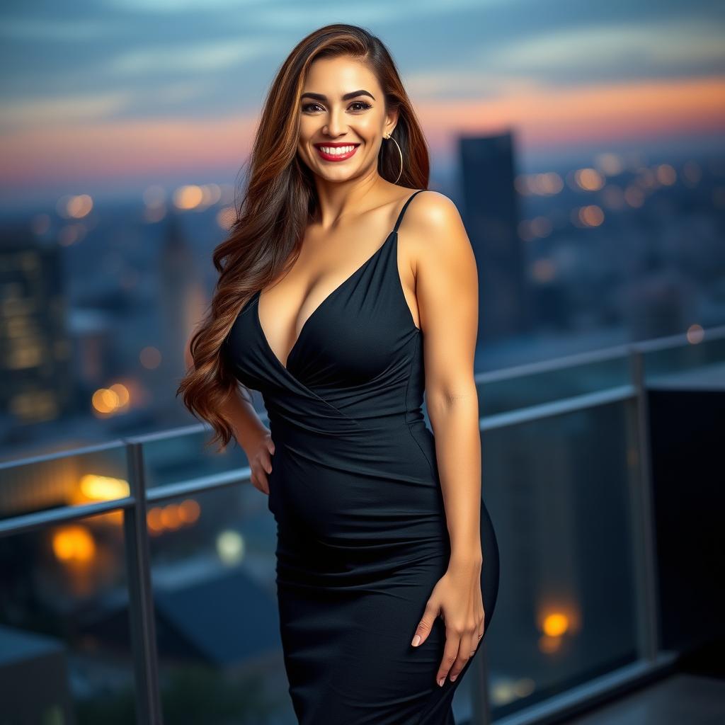 A confident and attractive woman with a voluptuous figure, featuring prominently 106 cm breasts