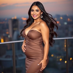 A confident and attractive woman with a voluptuous figure, featuring prominently 106 cm breasts