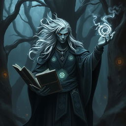 A powerful Shadar-kai warlock standing confidently in a dark, enchanted forest