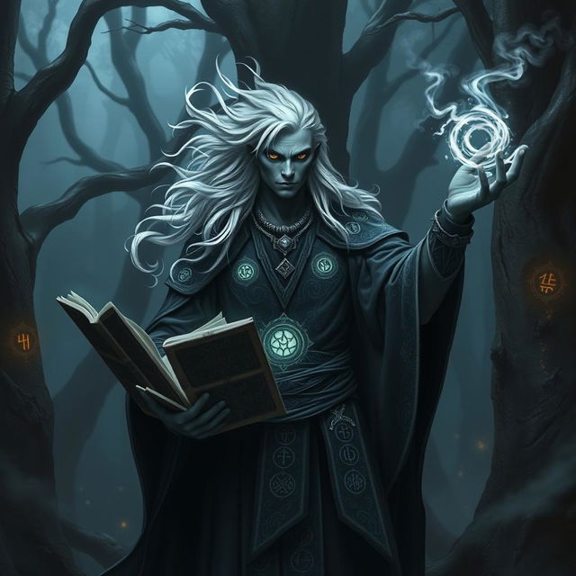 A powerful Shadar-kai warlock standing confidently in a dark, enchanted forest
