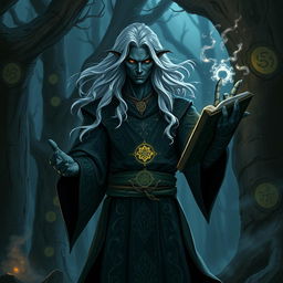 A powerful Shadar-kai warlock standing confidently in a dark, enchanted forest