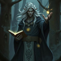 A powerful Shadar-kai warlock standing confidently in a dark, enchanted forest