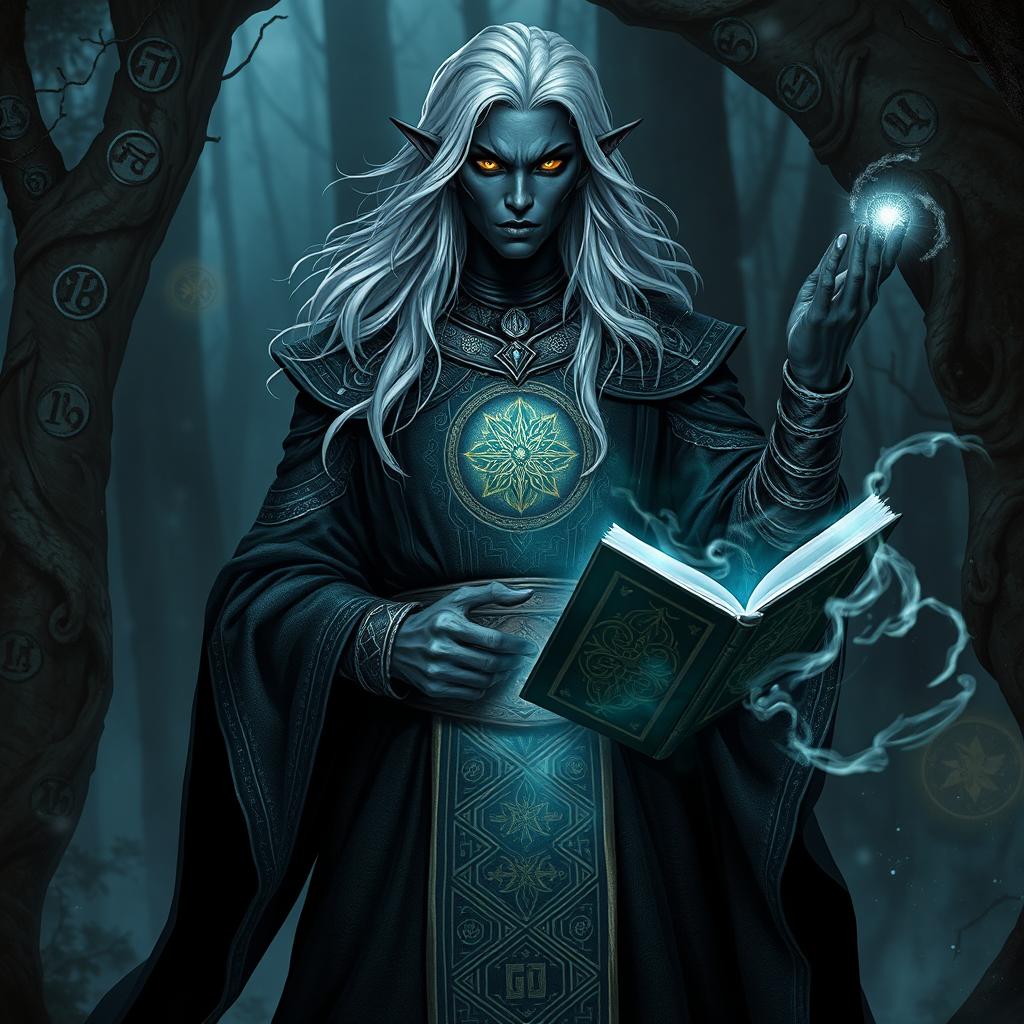 A powerful Shadar-kai warlock standing confidently in a dark, enchanted forest