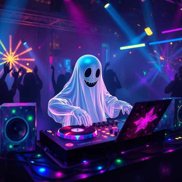 A ghost DJing at a vibrant party, surrounded by colorful lights and glowing speakers