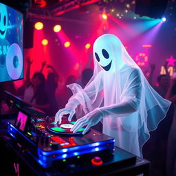 A ghost DJing at a vibrant party, surrounded by colorful lights and glowing speakers