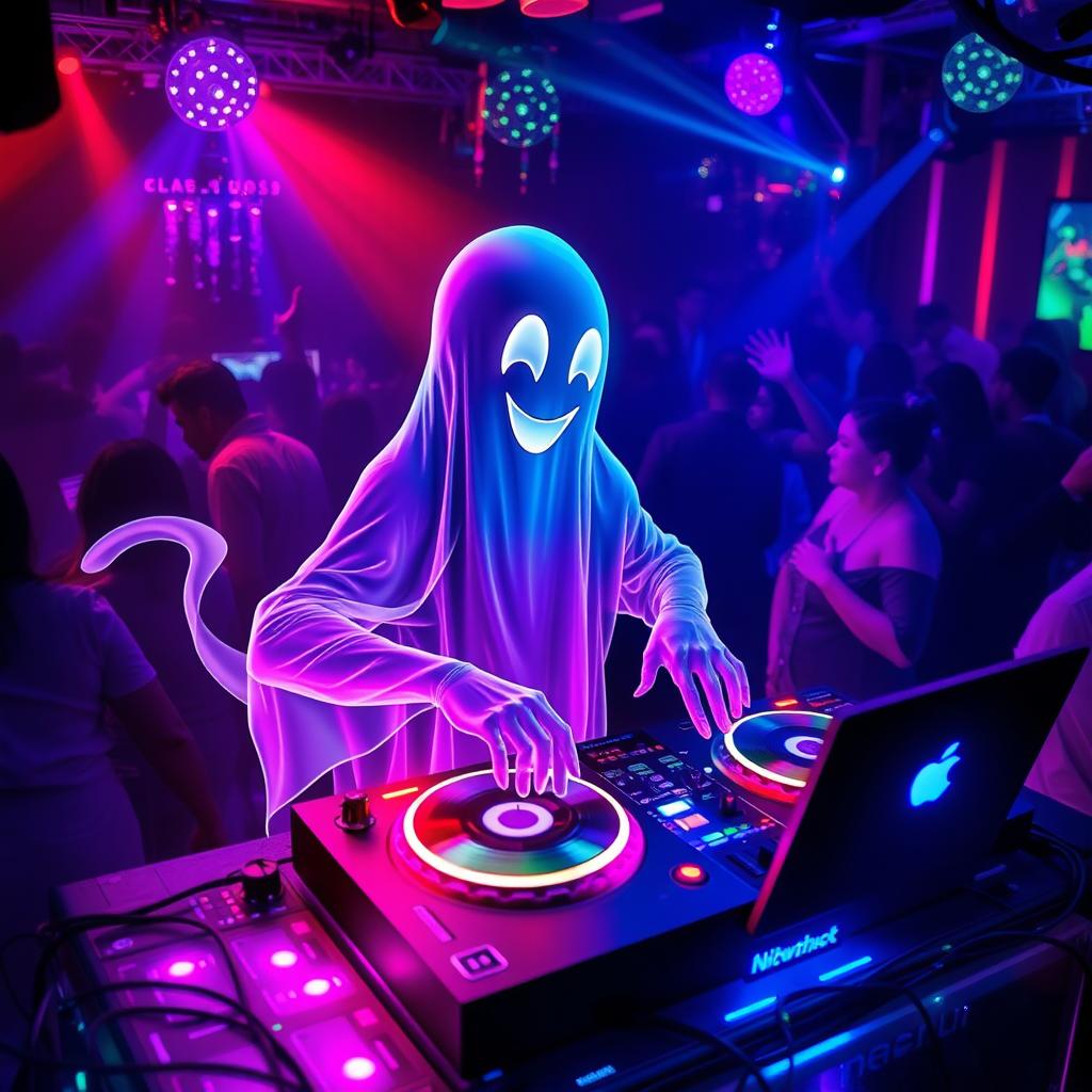 A ghost DJing at a vibrant party, surrounded by colorful lights and glowing speakers