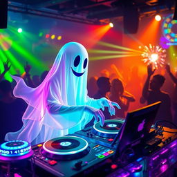 A ghost DJing at a vibrant party, surrounded by colorful lights and glowing speakers