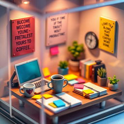 A highly detailed and vibrant miniature scene representing a productivity-boosting environment