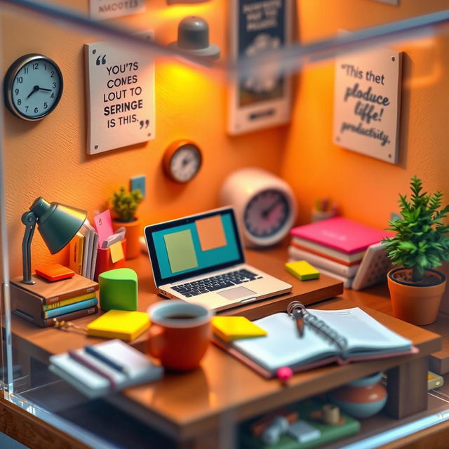 A highly detailed and vibrant miniature scene representing a productivity-boosting environment
