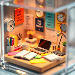 A highly detailed and vibrant miniature scene representing a productivity-boosting environment