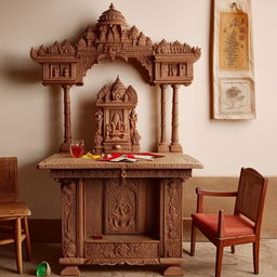 A traditional Pooja desk with intricate carvings, set alongside a matching wooden table and chair