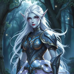 In the style of DnD character art, Maeve is depicted as a striking figure with light blue skin, elegantly pointed elven ears, and flowing white hair that appears to float gently around her