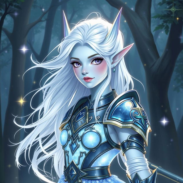 In the style of DnD character art, Maeve is depicted as a striking figure with light blue skin, elegantly pointed elven ears, and flowing white hair that appears to float gently around her