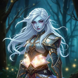 In the style of DnD character art, Maeve is depicted as a striking figure with light blue skin, elegantly pointed elven ears, and flowing white hair that appears to float gently around her