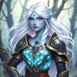 In the style of DnD character art, Maeve is depicted as a striking figure with light blue skin, elegantly pointed elven ears, and flowing white hair that appears to float gently around her