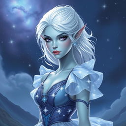 In the style of DnD character art, Maeve is portrayed as a striking figure with smooth light blue skin and elegantly pointed elven ears