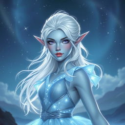 In the style of DnD character art, Maeve is portrayed as a striking figure with smooth light blue skin and elegantly pointed elven ears