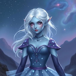 In the style of DnD character art, Maeve is portrayed as a striking figure with smooth light blue skin and elegantly pointed elven ears