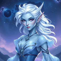 In the style of DnD character art, Maeve is portrayed as a striking figure with smooth light blue skin and elegantly pointed elven ears