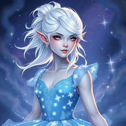 In the style of DnD character art, Maeve is depicted as a striking figure with smooth light blue skin, elegantly pointed elven ears, and ethereal white hair that appears to float delicately around her